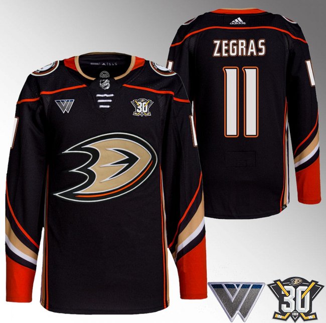 Men's Anaheim Ducks #11 Trevor Zegras Black 30th Anniversary Stitched Jersey